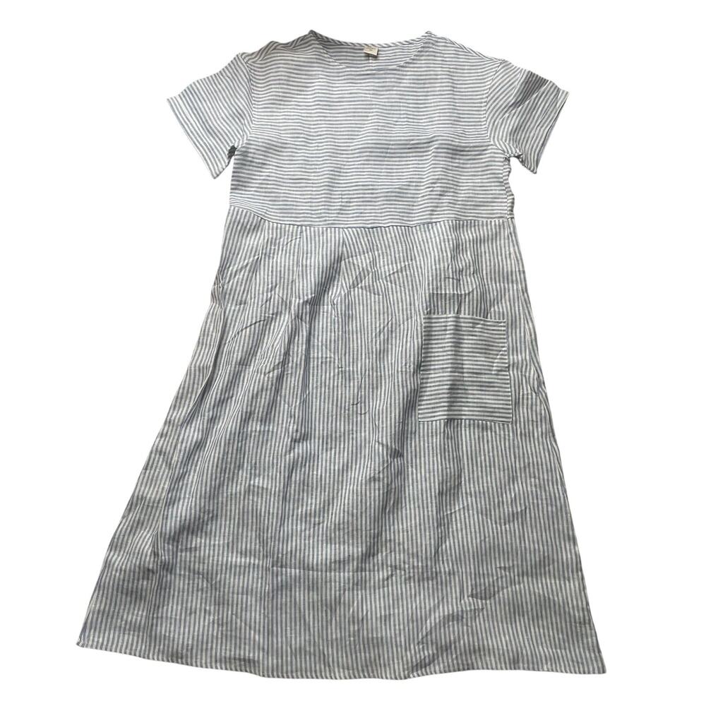 Lintico Casual Striped linen  Midi Dress in White and Light Gray